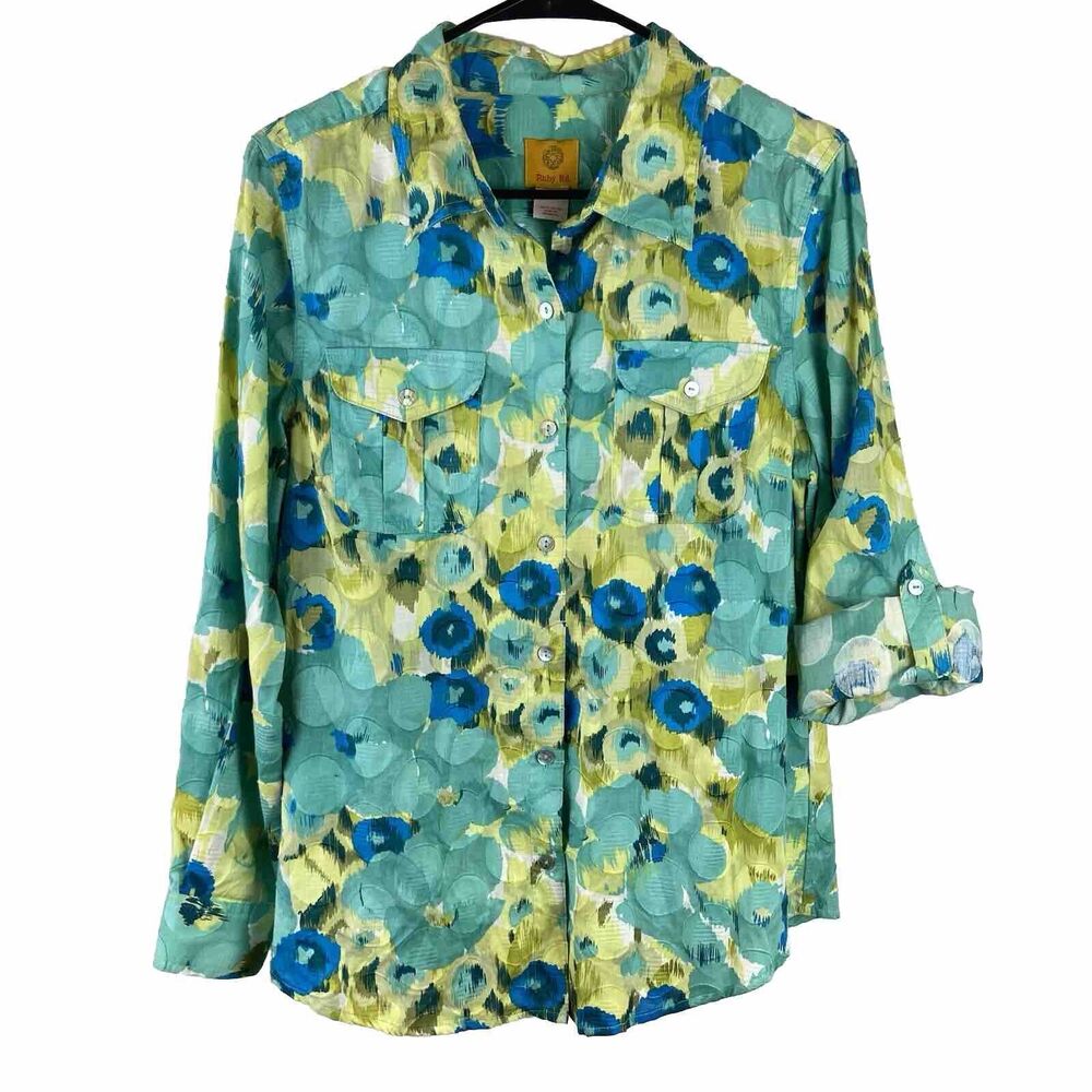 Ruby Rd Teal Green Colorful Blouse With Roll Tab Sleeves Size 12